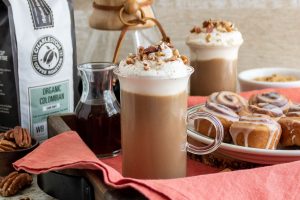 Charleston Coffee Roasters Cinnamon Roll Coffee with Maple Cream Cheese Whipped Cream - Mug of Cinnamon Roll Coffee