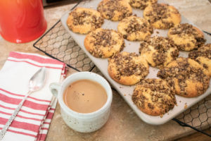 Coffee Cake Muffins with Espresso Oat Crumble and a Cup of Coffee