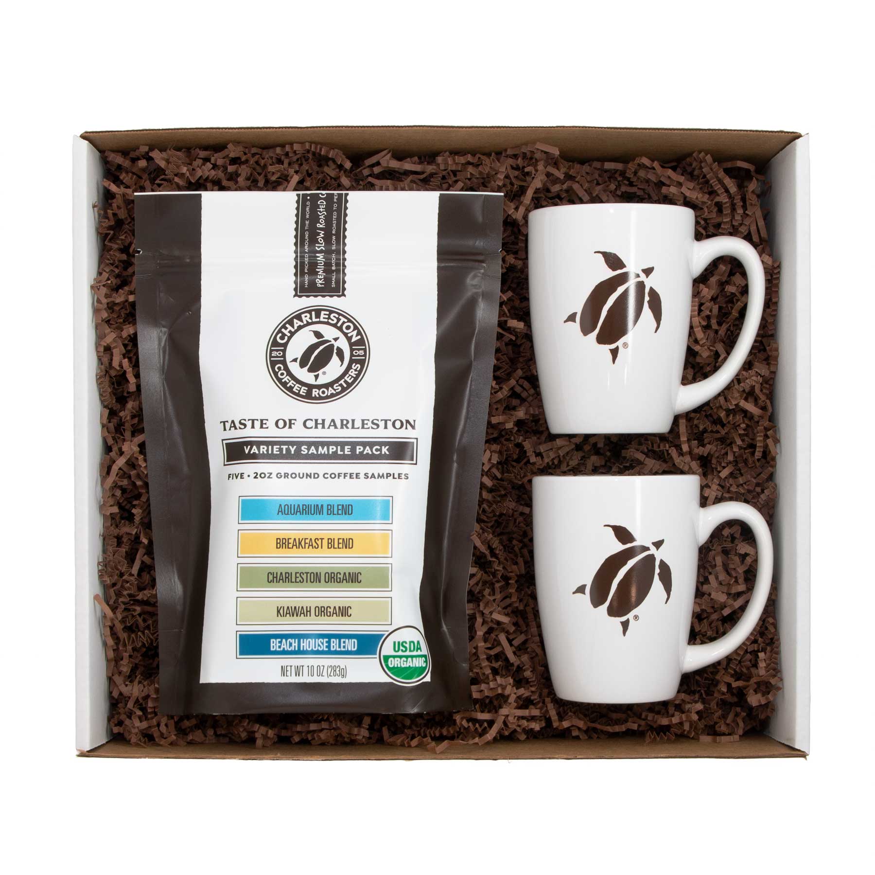 Charleston Coffee Roasters Taste of Charleston Variety Sample Pack + two logo mugs